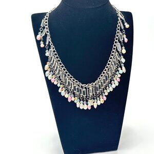 Vintage Pastel Glass Pearl & Crystal Bib Necklace w/Aurora Borealis Beads — EUC